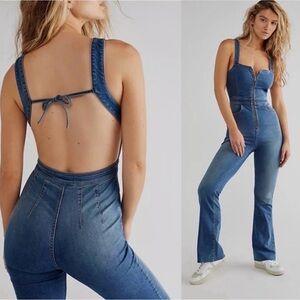 Free People Denim Jumpsuit Open Back Flare Leg Size 8 New With Tag